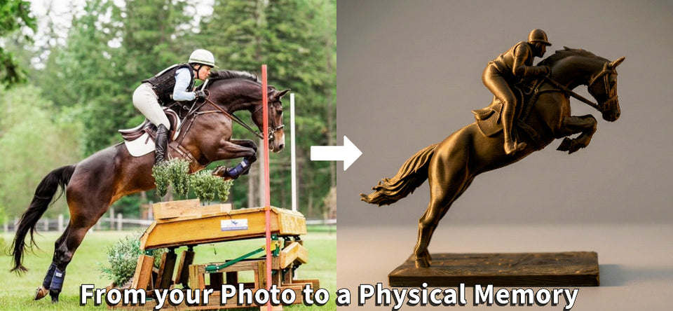Comparison of a horse and rider jumping over an obstacle with a bronze statue of the same scene.